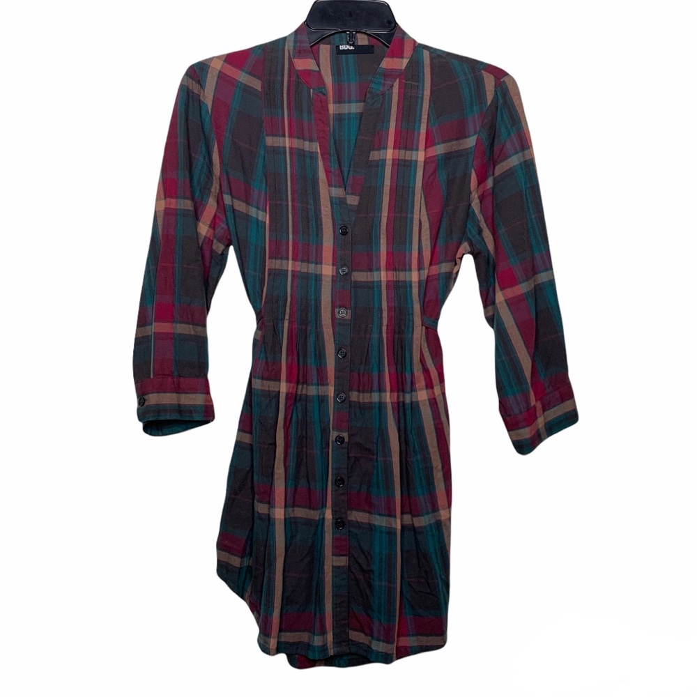 BDG UO Plaid V-Neck Button Down Tunic with Tie Back